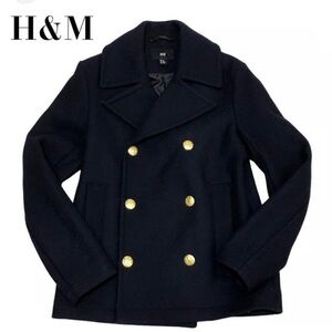 H&M Wool Blend Navy Gold Buttons Quiet Luxury Pea Coat, Size 36R